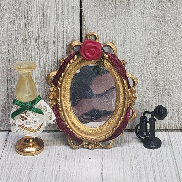 Vintage Dollhouse Miniature Victorian Mirror Hurricane Lamp Black Telephone SET - Picture 1 of 13